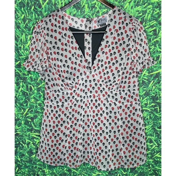 Tripp NYC Daang Goodman Skull Bones Gray Black Red Gothic Punk Blouse Top Large - Picture 1 of 4
